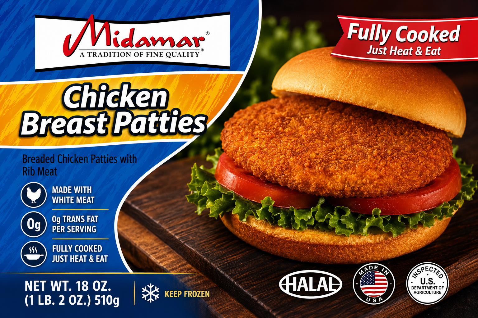 Midamar Chicken Breast Patties – Fully Cooked | Halal Chicken Burger Patties