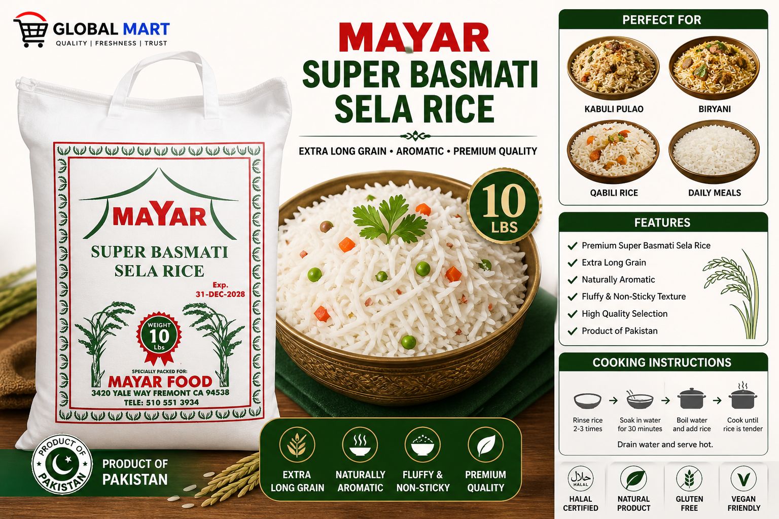 Mayar Super Basmati Sela Rice – Premium Long Grain Rice 10LB