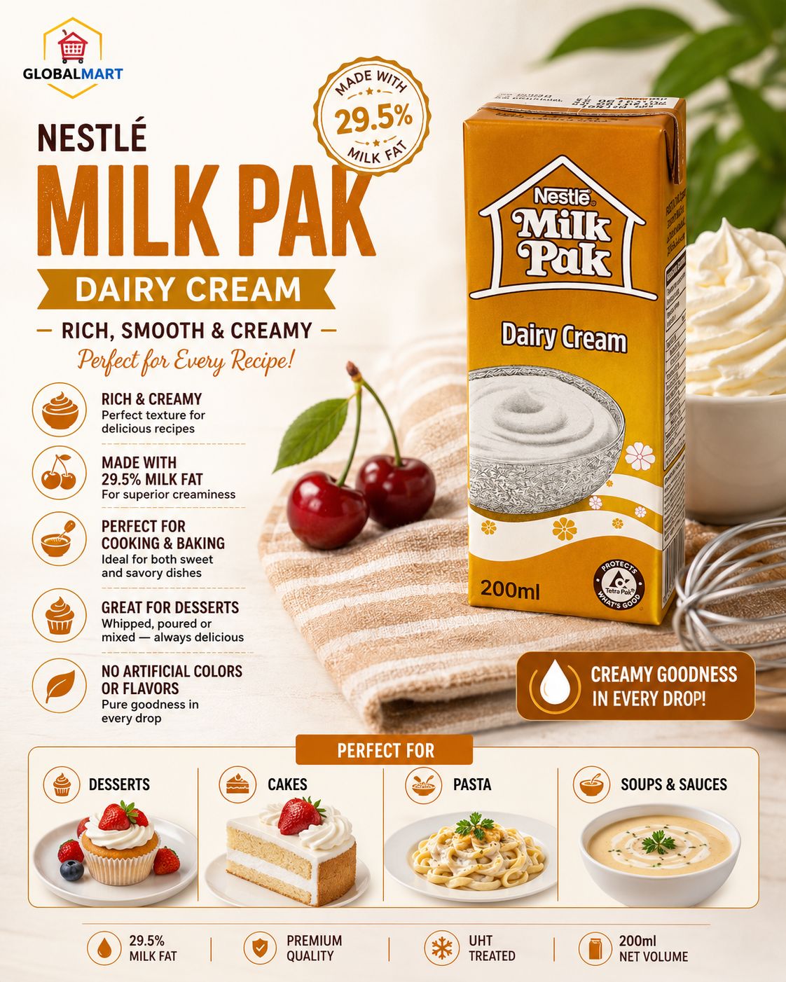 Nestlé Milk Pak Dairy Cream – Premium Cooking & Dessert Cream 200ml
