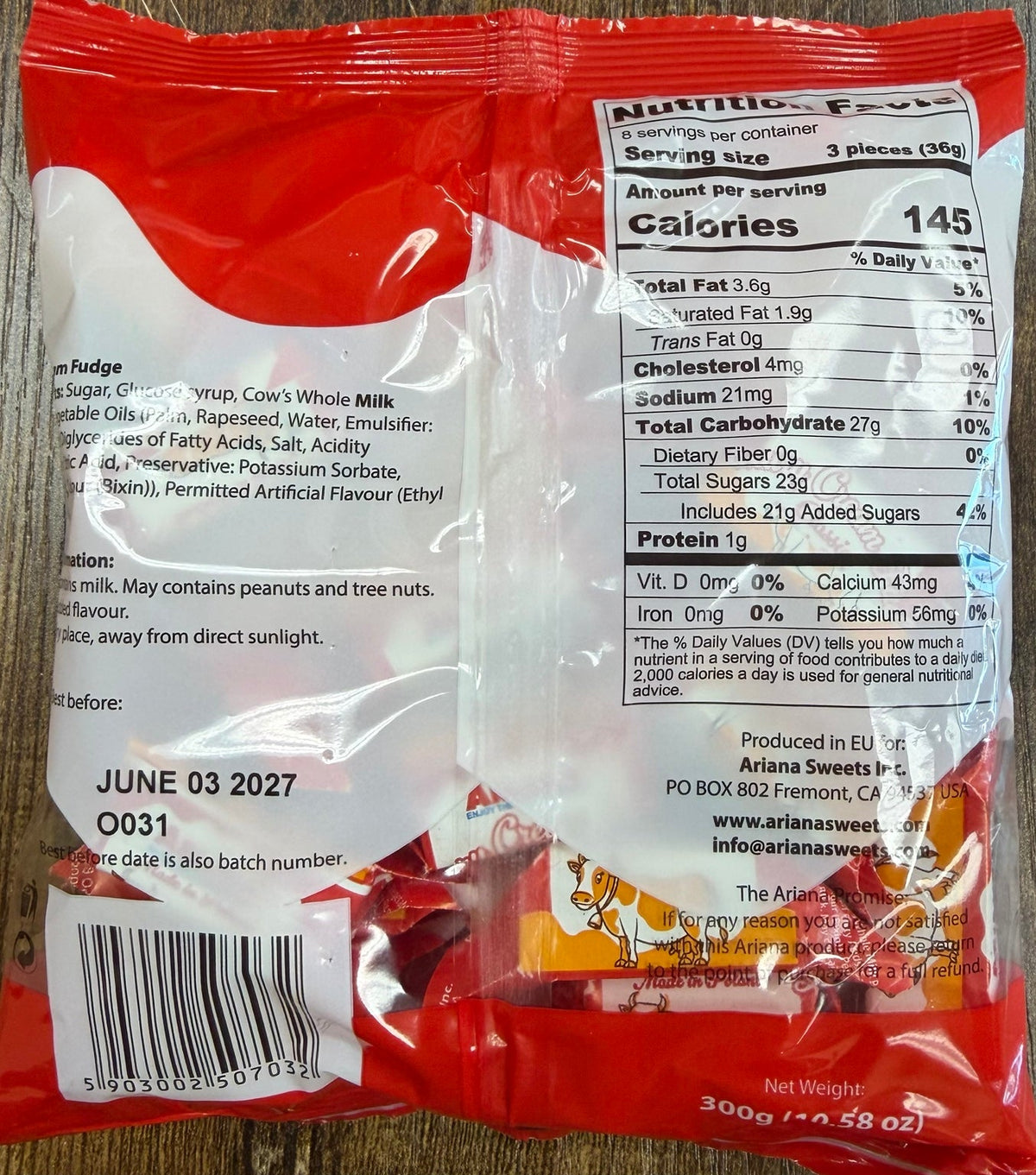 Ariana Cream Fudge 300g nutrition and ingredients