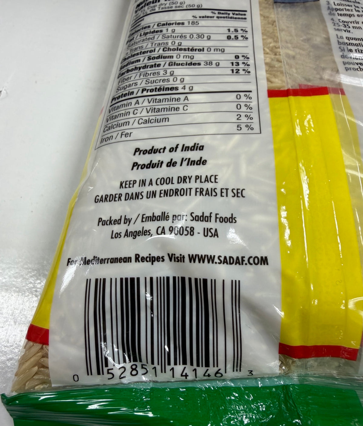 Sadaf brown rice barcode and nutritional label